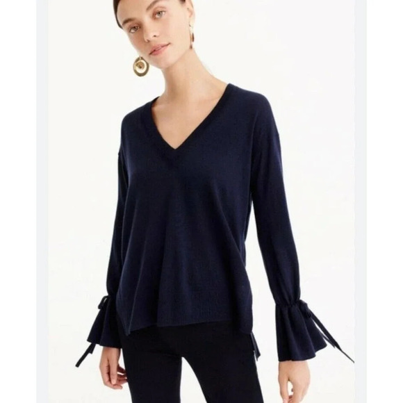J. Crew Women's Navy Blue Merino Wool V-Neck Drawstring Flare Sleeve Size Small - Picture 1 of 6